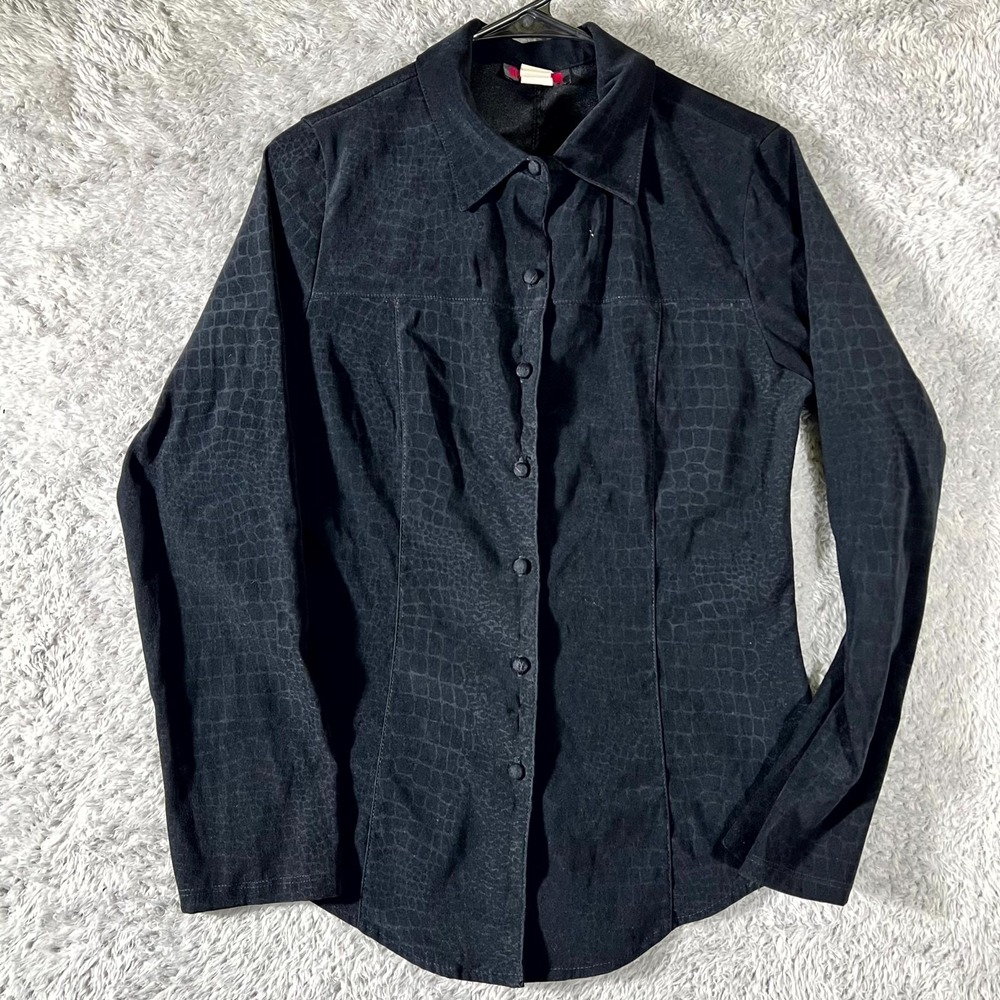 Nally & Millie Shirt Womens Medium Black Crocodile Print USA Made‎ Button Up